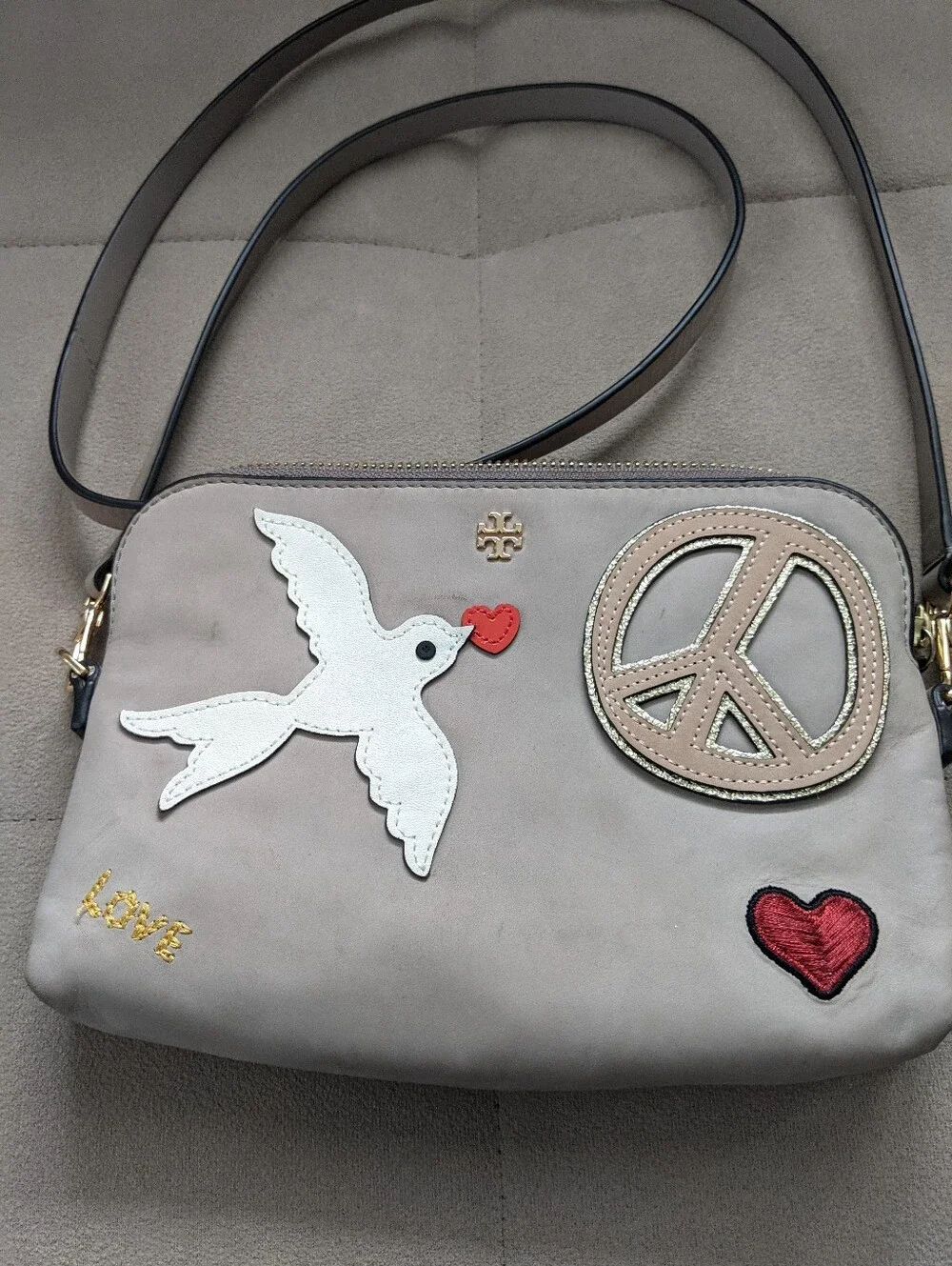 Tory Burch Taupe Crossbody with Dove, Peace & Heart Patches